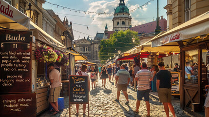 Obraz premium Buda Castle filled with wine stalls, people tasting Hungarian wines, enjoying traditional music and dance.