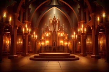 Obraz premium Wooden podium, medieval castle hall, torch lights, historical theme, realistic illustration, warm tones