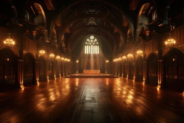 Obraz premium Wooden podium, medieval castle hall, torch lights, historical theme, realistic illustration, warm tones