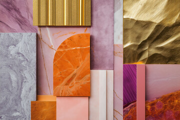 luxurious interior design sample moodboard with marble in  coral  purple  and gold textures