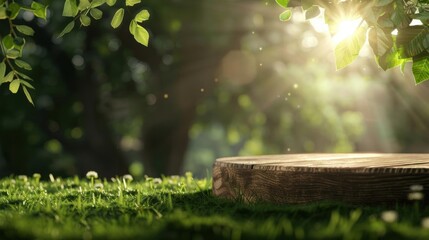 Wooden podium, sunlit meadow background, natural light, serene atmosphere, watercolor style, soft colors