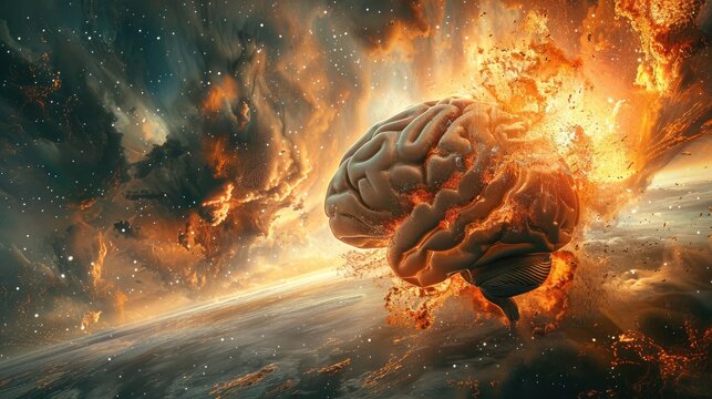 Concept art of a human brain exploding with knowledge and creativity