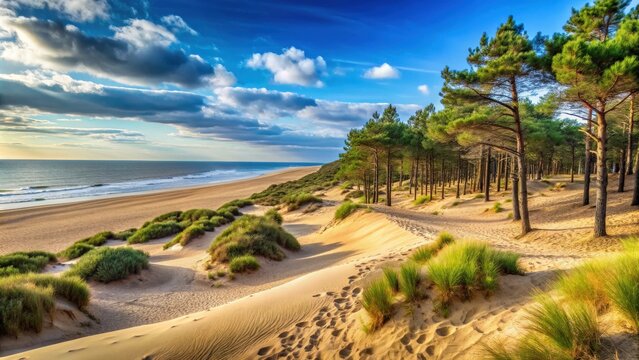 Sandy beach with dunes and pine trees in Formby, UK, sand, beach, Formby, UK, dunes, pine trees, coastline, sea, scenic