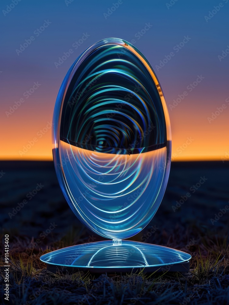 Poster a stunning light sculpture reflecting vibrant colors during twilight in an open field, creating a su