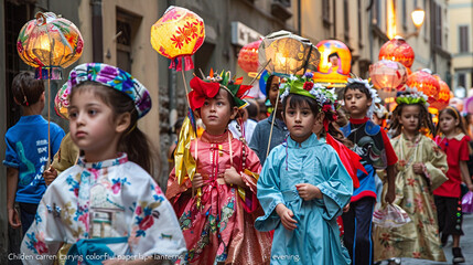 Children carrying colorful paper lanterns through the streets, traditional music and festivities, a warm and enchanting evening."