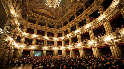 Obraz premium Opera and classical music performances in historic theaters, elegantly dressed attendees, a celebration of music and culture.