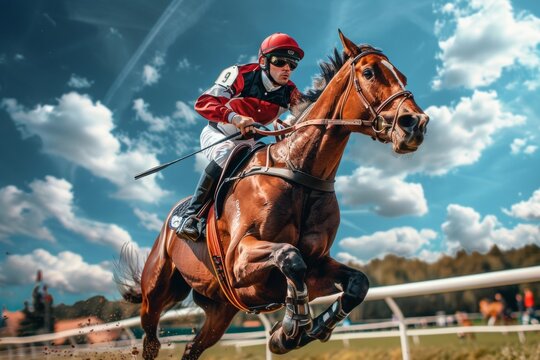 A jockey in red and white gear races a horse at full speed on a sunny day with a vibrant blue sky. - Powered by Adobe