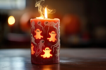 halloween themed candle with white ghostly shapes and warm flame