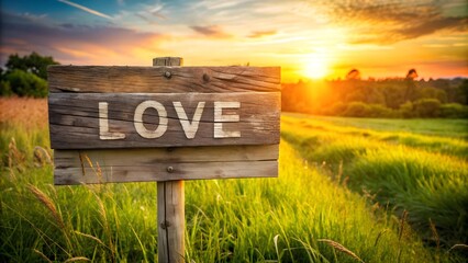 Obraz premium Golden Hour Love: A Rustic Wooden Sign Embraces the Setting Sun Generative AI