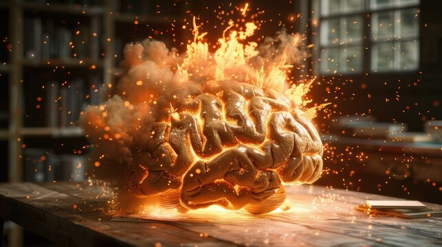 Concept art of a human brain exploding with knowledge and creativity
