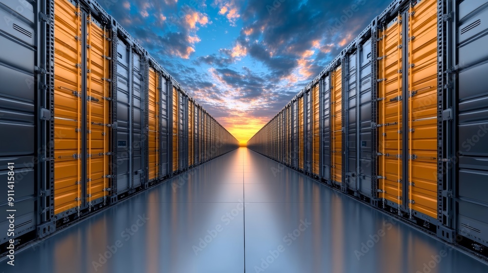 Poster modern data center with server racks and a beautiful sunset sky, representing technology and cloud c
