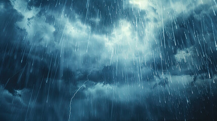 Rainstorm weather, strong storm accompanied by lightning and thunder, dark clouds in the sky, rain poured down
