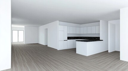 A contemporary kitchen showcases elegant cabinets, a dark marble backsplash, and large windows offering a view of greenery and skyline