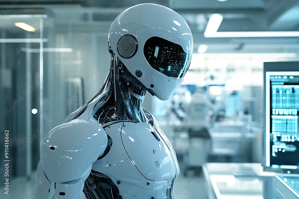 Aufkleber futuristic robot in high-tech laboratory. an advanced mechanized android in a modern research facili