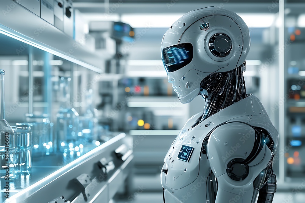 Aufkleber futuristic robot in high-tech laboratory | conceptual illustration of advanced technology in science