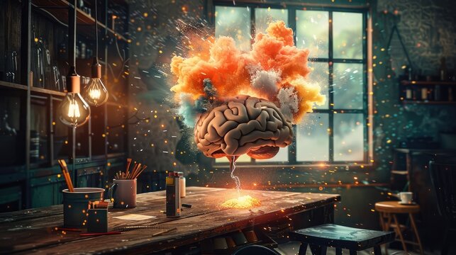 Concept art of a human brain exploding with knowledge and creativity