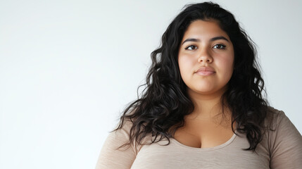 Portrait of a confident woman with long wavy hair and natural makeup, wearing a beige top against a neutral background