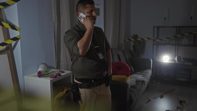 Hispanic detective on phone at nighttime indoor crime scene with caution tape, flowers, living room and flashlights.