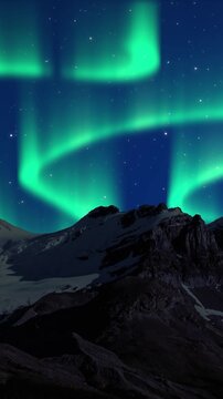 Aurora Borealis or Northern Lights, mountain scenery landscape at night. Great for Relaxing Ambient backgrounds. Polar lights, winterscape concept. Vertical, phone wallpaper