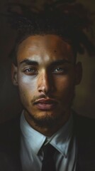 Fototapeta premium Intense Portrait of a Young Man with Dreadlocks in a Suit and Tie