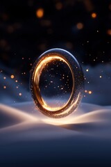 Obraz premium Glowing Ring of Light in a Dark Mystical Landscape with Sparkling Particles and Soft Waves of Light