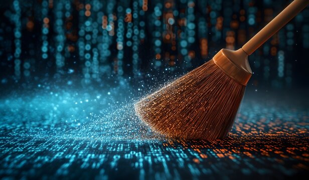 A broom sweeping away the dust of data, with binary code in the background. The concept conveys themes like digital cleaning and computer science or tech transformation.
