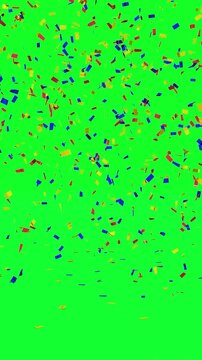 Multicolored confetti rain on chroma key or green screen animation 3d. Vertical, phone wallpaper	
