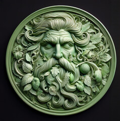 Pagan green man carved relief image.
