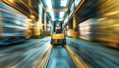 Vue dynamique et conceptuelle de l'int&eacute;rieur d'un entrepot logistique ou d'une plateforme de stockage avec un engin de manutention