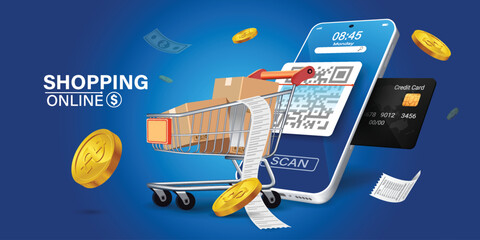 Bill of expenses is on mobile phone.Pay bills with mobile phone.Online shopping spending.Online shopping via smartphone.Bill payment flat isometric vector concept of mobile payment, shopping, banking.