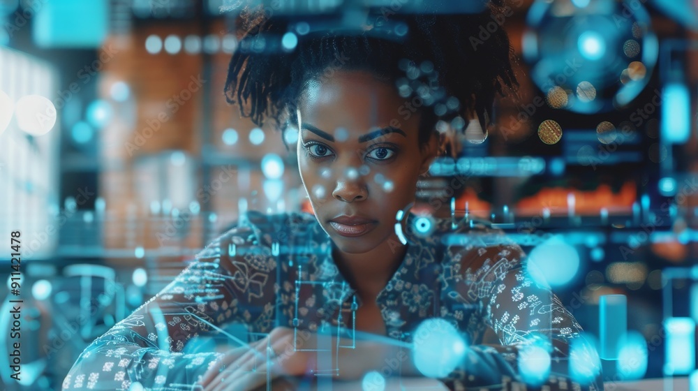 Poster young black woman working in an office with a digital data concept. management strategy based on dig
