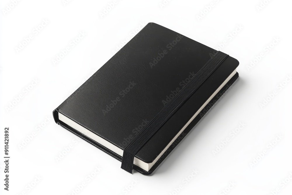 Poster mockup of a black leather notebook with a light grey background, shown from the front.