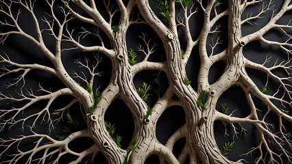 Intricate branches of a tree, with green leaves, intertwining and forming a pattern against a black background.