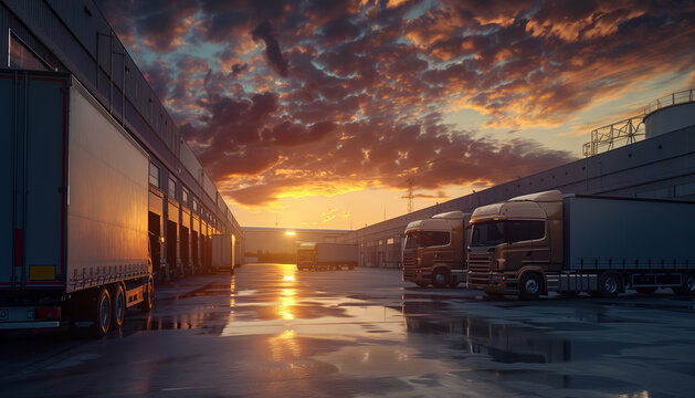 Concept transport logistique routier avec parc de camion et plateforme entrep&ocirc;t de distribution
