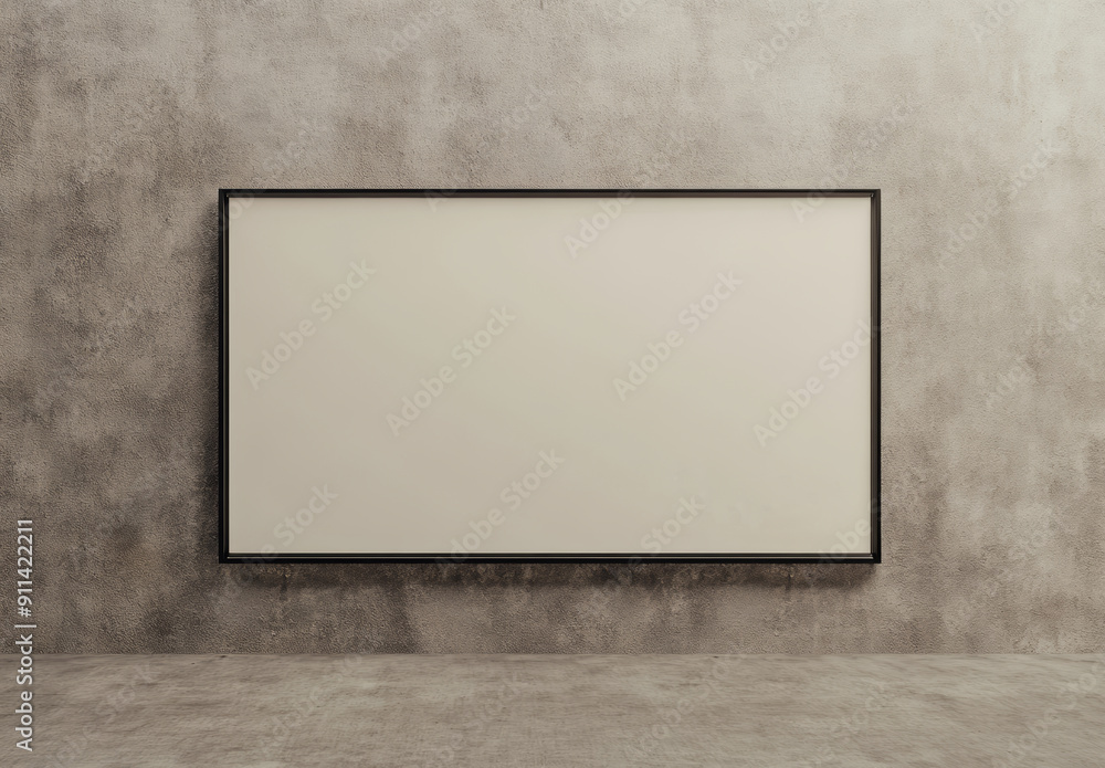 Poster Mockup 3D rendering of a black rectangular horizontal frame hanging on a white wall