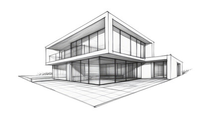 Contemporary architectural sketch with pencil and markers of a house facade, technical drawn background