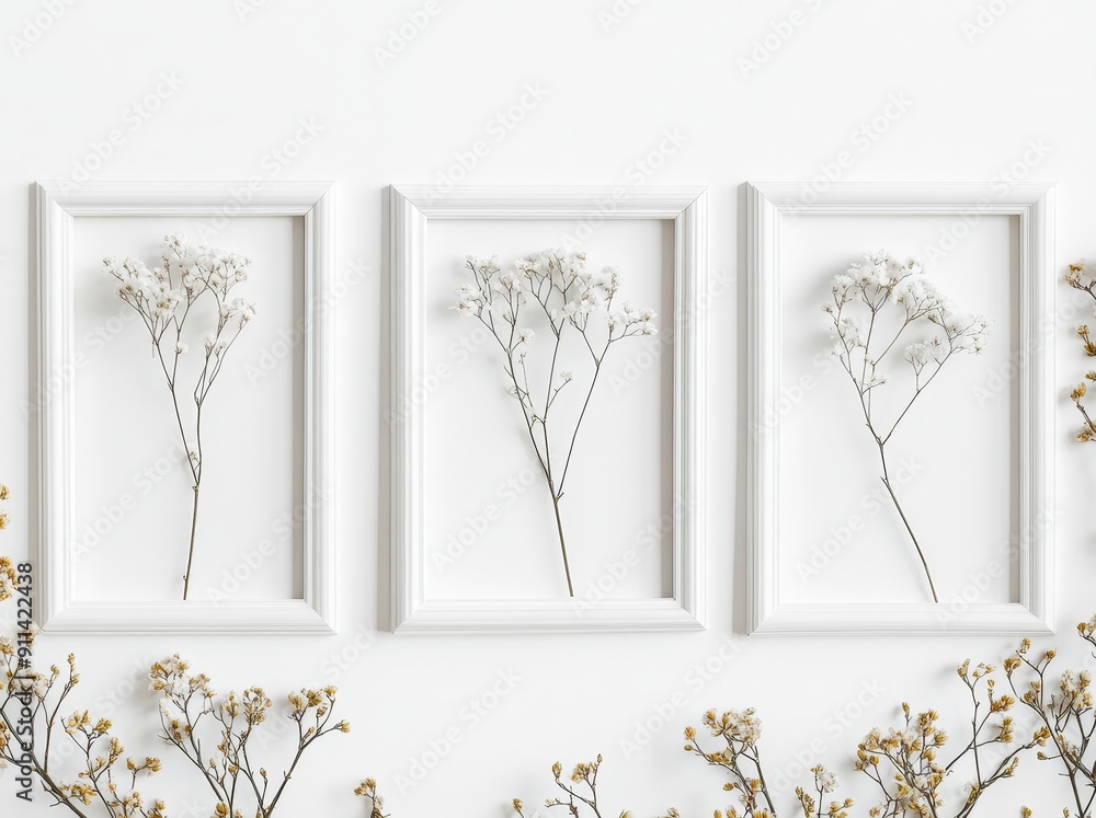 Poster Rendering of white rectangular frames hung on a white wall