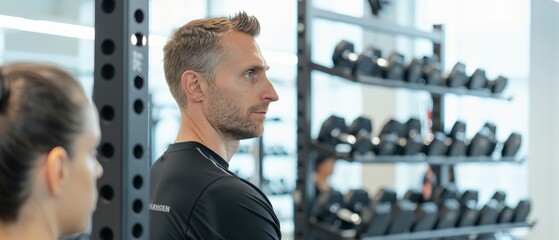 Focused gym instructor observing his class during a fitness session, with dumbbells and equipment in the background.