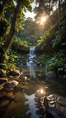 Serene Forest Stream with Sunlight and Waterfall