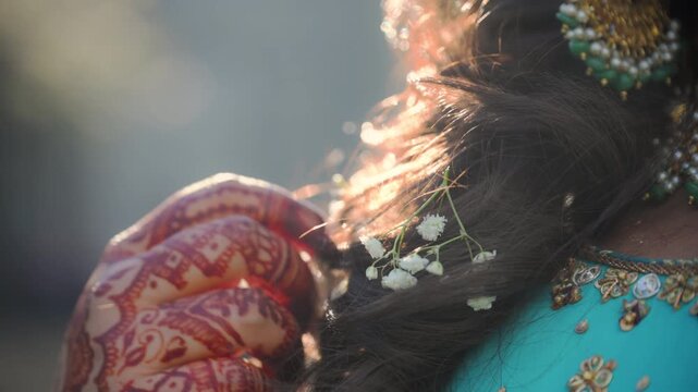 Woman Dressed in traditional Indian clothes, Elements of hindi wedding. Close up shot