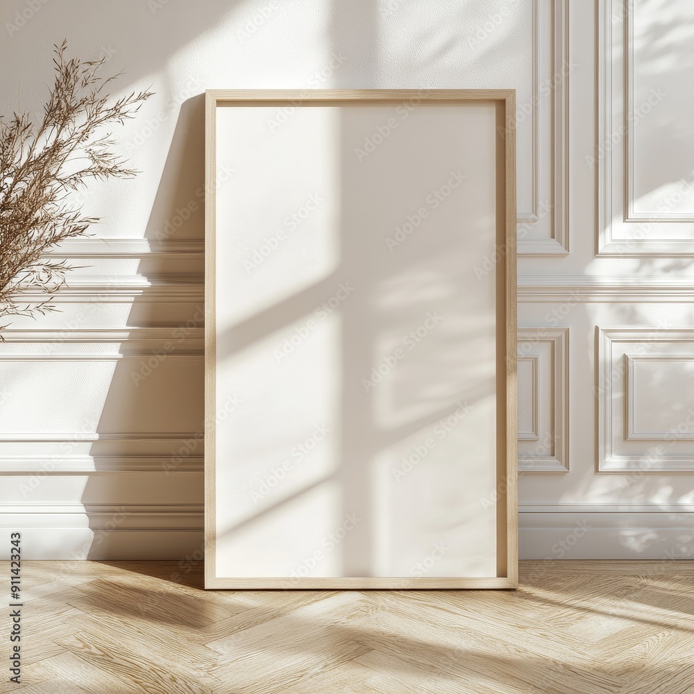 Poster poster with wooden frame mockup standing on the ground. 3d rendering.