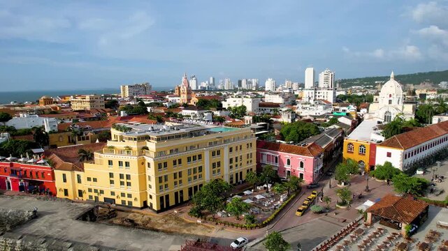 Beautiful aerial view of the walled city of Cartagena de Indias, in Colombia - the Santuario de San Pedro Claver, Torre del Reloj and the Catedral de Santa Catalina de Alejandr&iacute;a