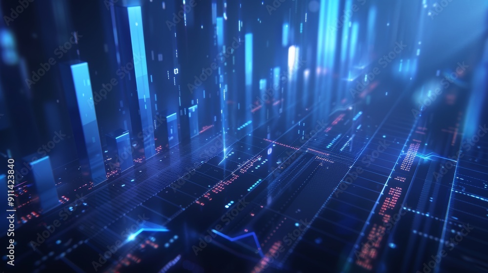 Poster 4K resolution animation of a growing business concept with a blue bar chart. Hi-tech style technology chart with a grid. Depth of field camera movement.
