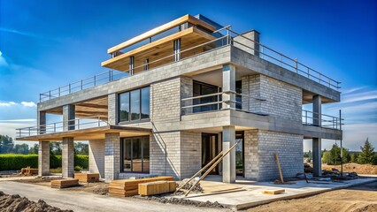 Obraz premium Modern two-story under construction house with concrete blocks and bricks, exterior view showcasing sleek design, partially built structure, and scaffolding, set against a blue sky background.