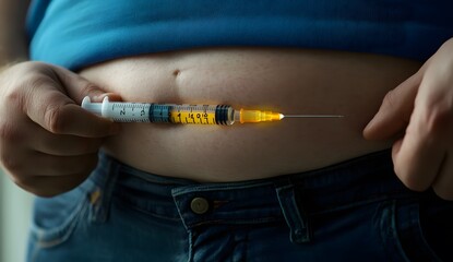 Close-up of obese belly with insulin syringe in hand, focus on needle and yellow liquid inside , close up stock photo, high quality