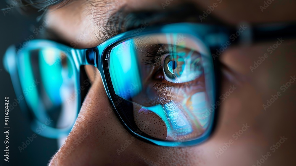 Leinwandbilder Close-up view of man's eyes in eyewear with computer reflection at glasses. Working online, tracking database, using internet.