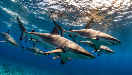 Obraz premium Sharks underwater. A pack of sharks in the blue abyss of the sea. Underwater shark shoal. AI Generated.