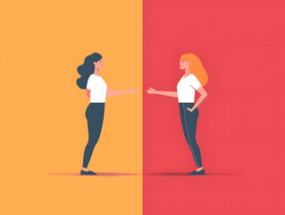 Two women standing on opposite sides of a yellow and red background, reaching out to each other.