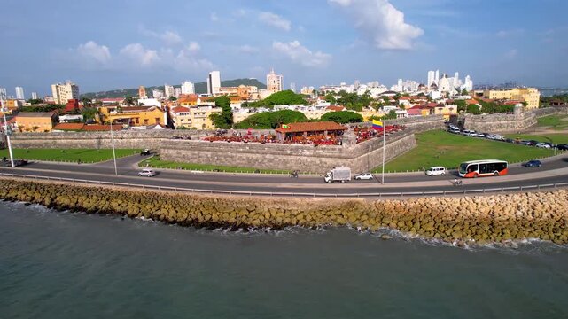 Beautiful aerial view of the walled city of Cartagena de Indias, in Colombia - the Santuario de San Pedro Claver, Torre del Reloj and the Catedral de Santa Catalina de Alejandr&iacute;a