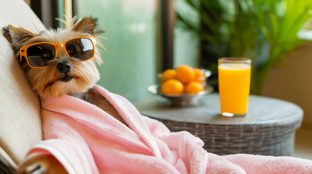 Yorkshire Terrier dog with pink robe relaxing at day spa, selfcare concept, copy space